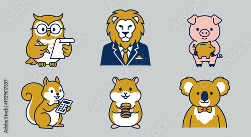 Professional animal characters for financial business including owl secretary, lion boss in suit, pig with piggy bank, squirrel with calculator and hamster with coins