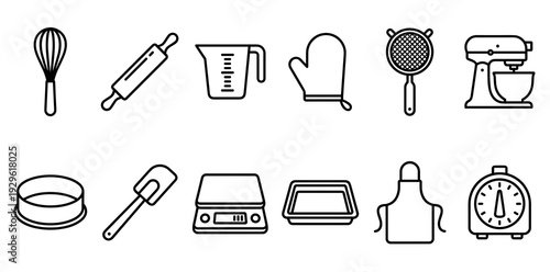 Kitchen baking tools and equipment line icons set featuring whisk, rolling pin, measuring cup, oven mitt, sieve, stand mixer, baking pan and timer