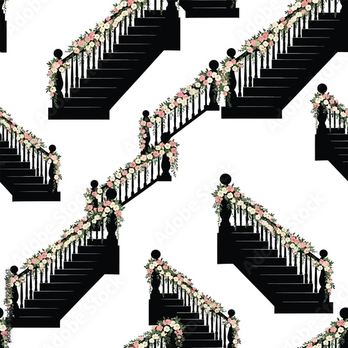 Black staircase silhouette seamless pattern decorated with pastel flower vines