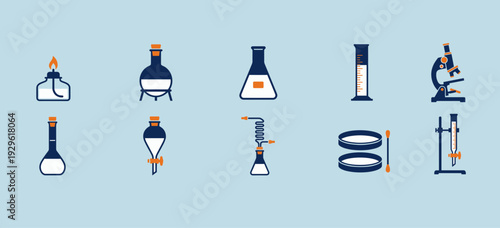 Laboratory Glassware and Science Equipment Icons Set Featuring Microscope Flask Bunsen Burner and Pipette for Chemistry or Biology Research Education