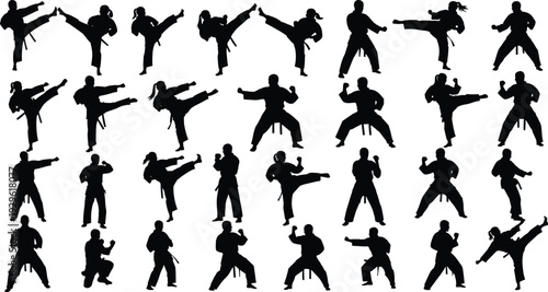 Karate silhouette set, martial arts fighters performing kicks and stances, combat sport training vector illustration isolated