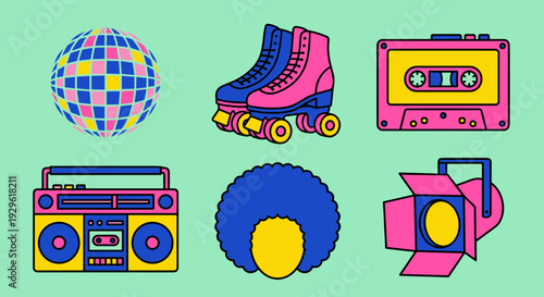 Retro 80s and 90s Pop Culture Icons Including Disco Ball Roller Skates Cassette Tape Boombox and Afro Hair for Nostalgic Party and Event Design