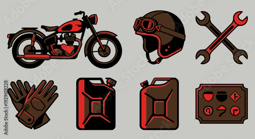 Vintage motorcycle equipment and garage tools icons set featuring retro bike helmet wrenches gloves and fuel cans in red and black flat style