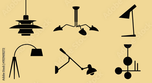 Modern minimalist lamp and lighting fixture silhouettes including pendant lights floor lamps wall sconces and desk lamps for interior design