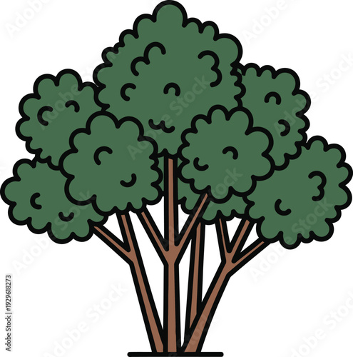 A cartoon illustration of a tree with multiple trunks and green foliage