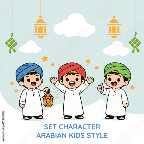 Cute Arabian Muslim Kids Character Set with Lantern and Islamic Ramadan Decoration Cartoon Illustration