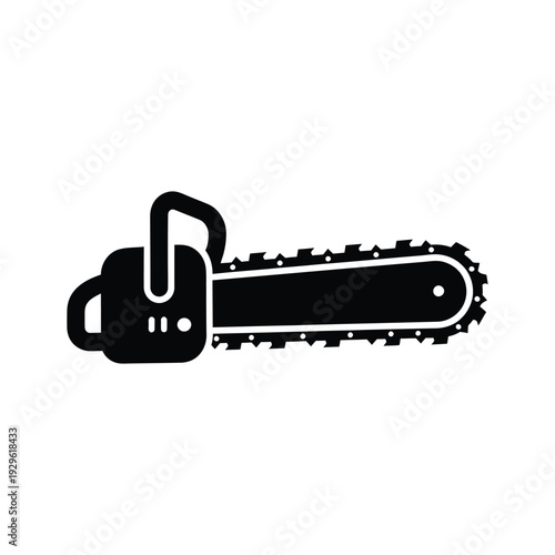 Black silhouette icon of chainsaw tool for cutting wood in outdoor activities and construction work