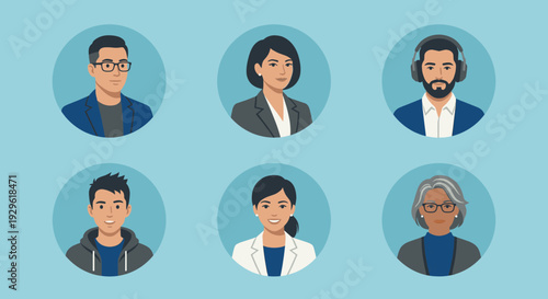 Diverse professional people avatar portraits set including business men and women with different ethnic backgrounds and styles in circle icons