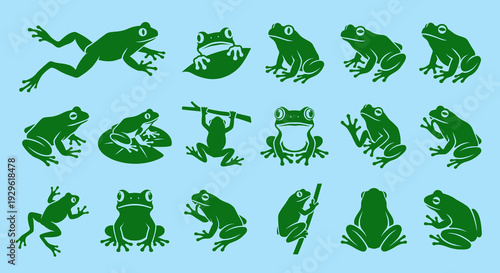 Set of green frog silhouettes in various poses jumping sitting and swimming icons collection isolated on blue background for wildlife design