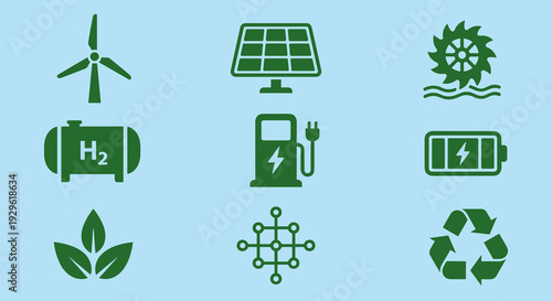 Sustainable Green Energy and Eco Friendly Environment Icon Set Featuring Solar Panels Wind Turbine Hydrogen Fuel Cell and Recycling Symbols