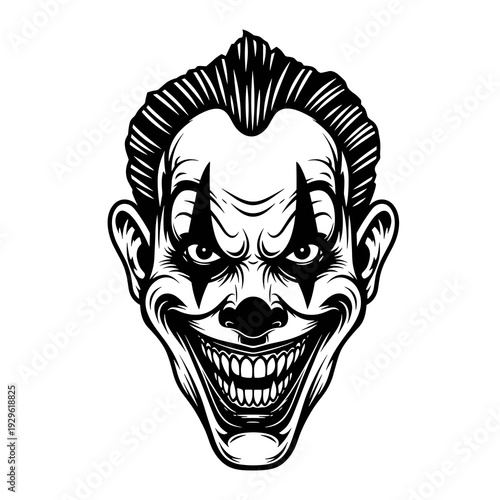 Evil Clown Face Black and White Vector Illustration, Creepy Grinning Joker Horror Mascot