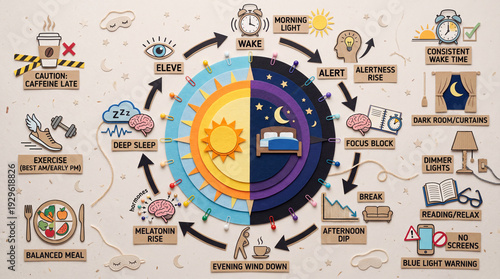 Sleep and Circadian Rhythm Cycle Infographic, Handmade Paper Cut Craft Flat Lay, Day Night Hormone Energy Loop Diagram, Wellness Education.