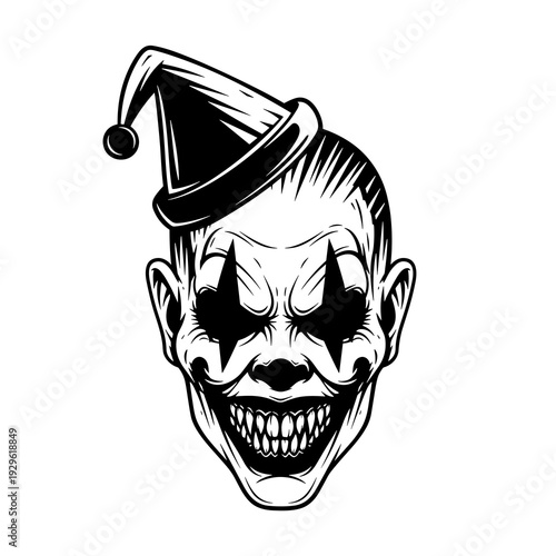 Creepy Evil Clown Face Black and White Vector Illustration, Horror Joker Smile in Vintage Engraving Style