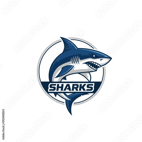 Dynamic blue shark mascot logo with Sharks text in a circular emblem