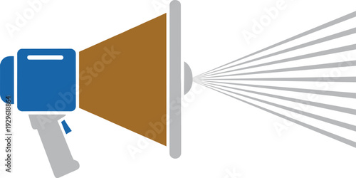 Spray gun with a blue body and yellow nozzle spraying a fan of lines