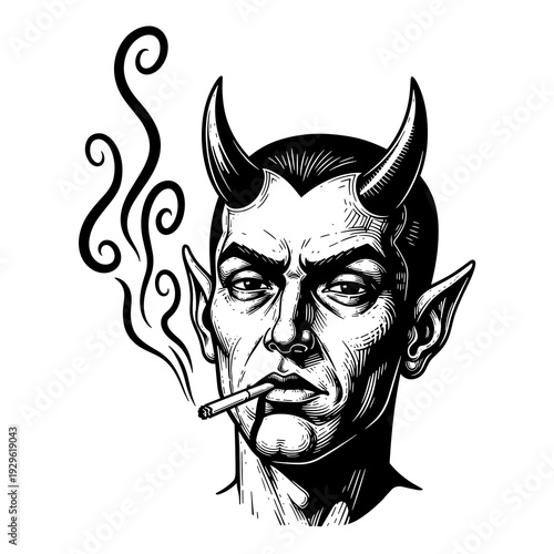 Smoking Devil with Horns Black and White Vector Illustration in Vintage Engraving Style