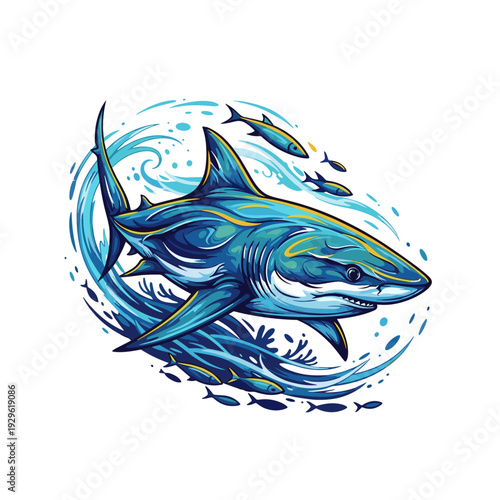 Dynamic blue shark swimming with small fish in ocean waves illustration