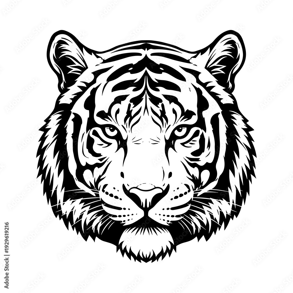 Fototapeta premium Tiger Head Illustration Black and White Vector Wild Animal Face Isolated on White Background