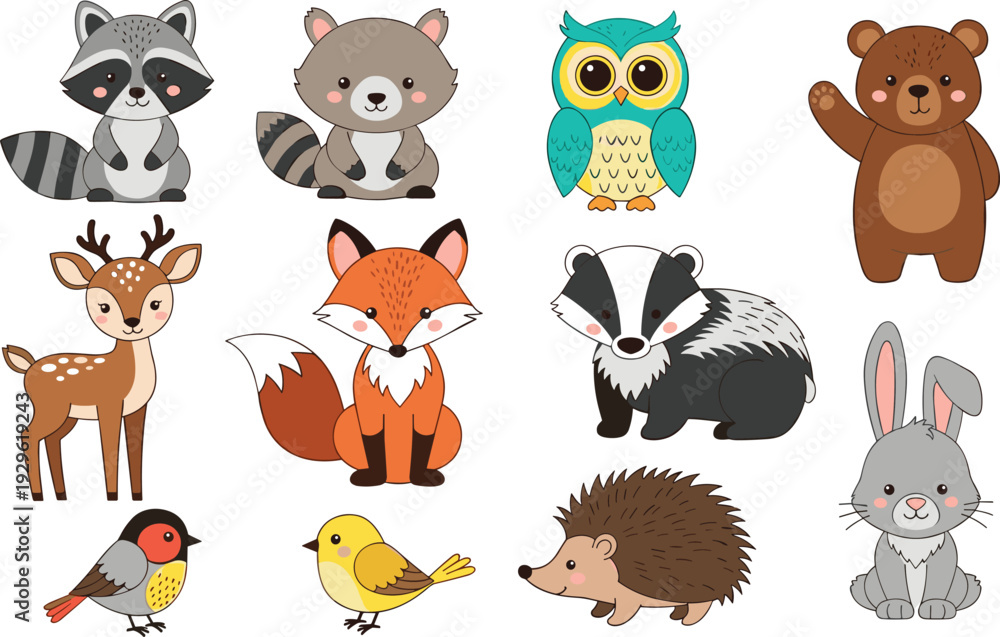 Fototapeta premium Cute Woodland Forest Animals Cartoon Characters Vector Collection Set
