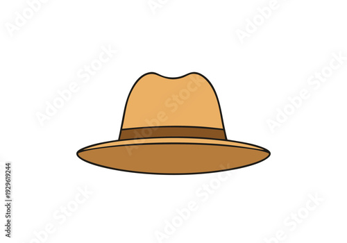 A tan fedora hat with a brown band, depicted in a simple flat illustration style on a white background