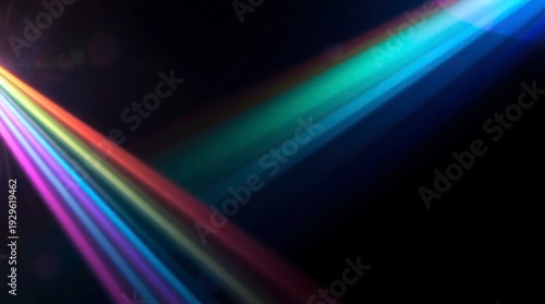 Blurred rainbow refraction overlay effect. Light lens prism effect on black background. Holographic reflection, crystal flare leak shadow overlay. Colorful rainbow disco ball light