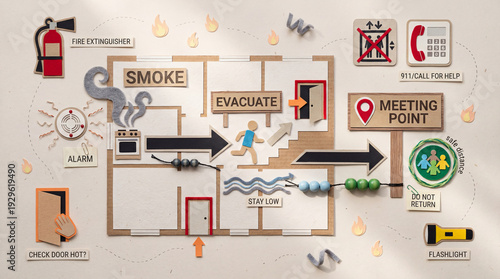 Fire Safety Infographic, Handmade Paper Cut Craft Flat Lay, Smoke To Evacuation To Meeting Point Diagram For School And Home Education.