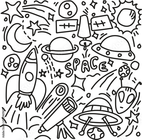 Hand-drawn space exploration doodle with rocket, planets, and alien spacecraft