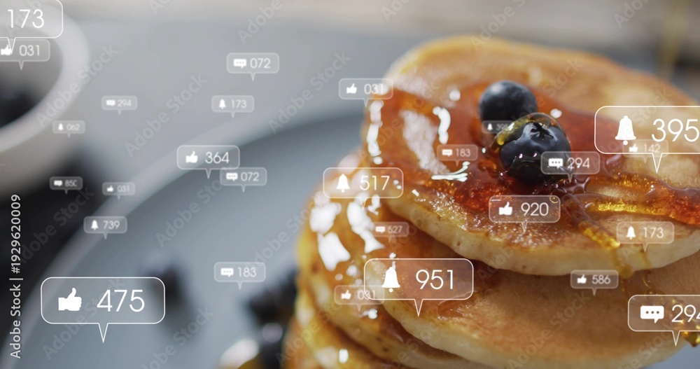 Obraz premium Showing 3-pancake stack with maple syrup on dark plate at cafe, 3 blueberries, overlays, copy space