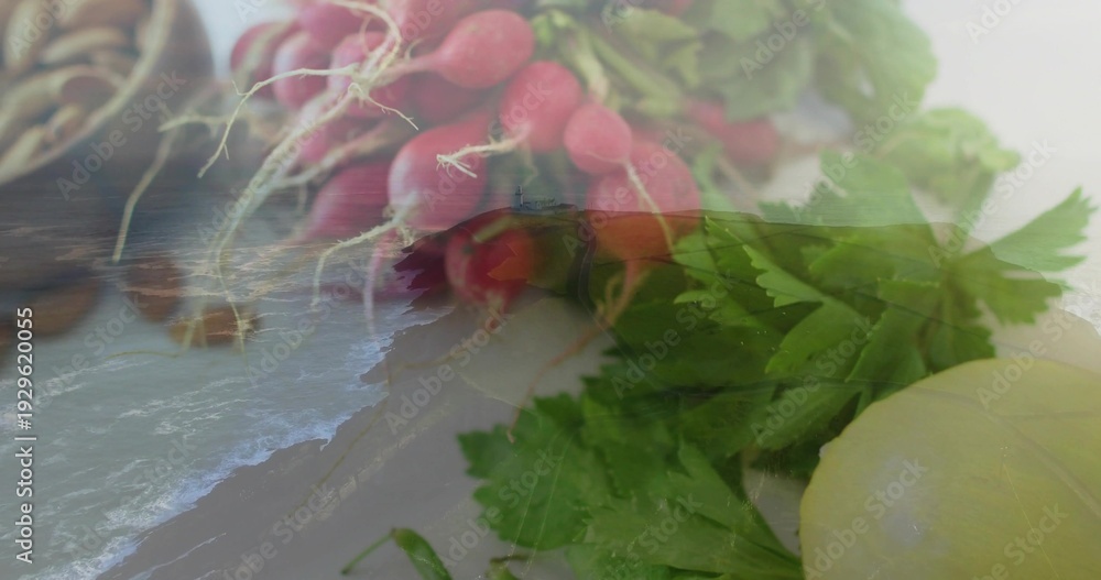 Naklejka premium Overlaying bunch of red radishes with parsley on countertop, shoreline waves and pale bulb showing