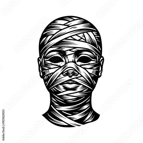 Bandaged Mummy Face Black and White Vector Illustration, Spooky Halloween Horror Portrait