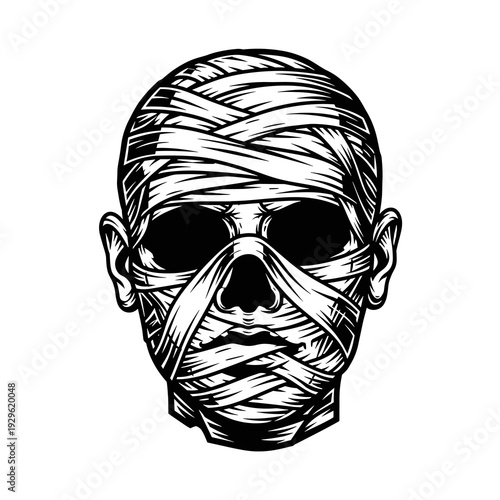 Black and White Mummy Head with Bandages Vector Illustration in Vintage Engraving Line Art Style