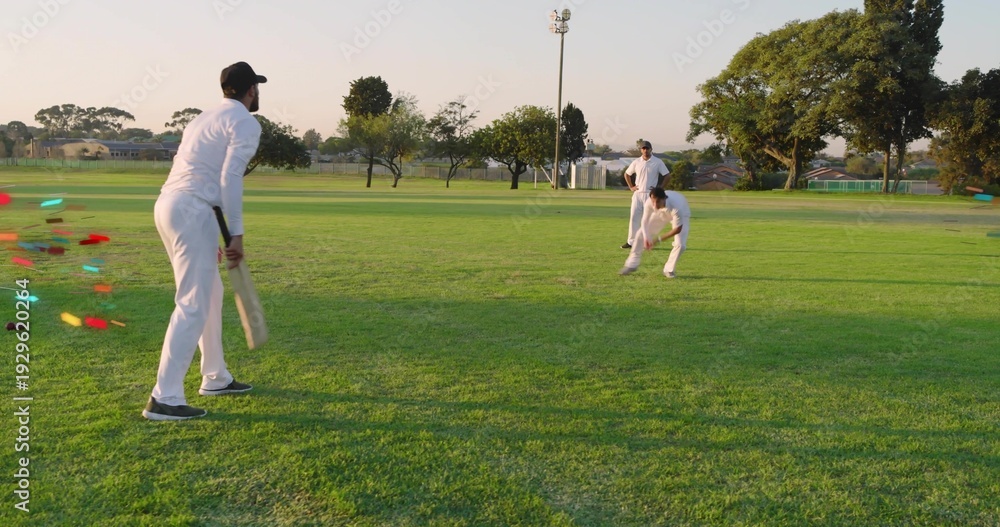 Obraz premium Preparing batsman in white kit holding wooden bat on ground with fielder, floodlight, copy space