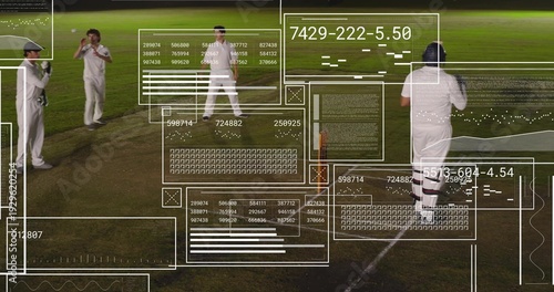 Obraz na płótnie Bowling quartet of cricket players in white uniforms moving on grass pitch at ni