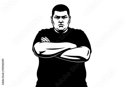 Angry Heavyset Man with Crossed Arms Black and White Vector Silhouette Illustration