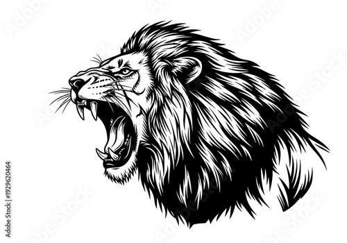 Roaring Lion Head Profile Black and White Vector Illustration in Vintage Engraving Style