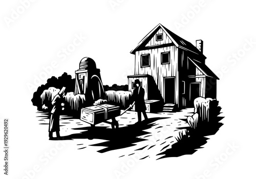 Vintage Farm Barn and Silo Rural Landscape Black and White Vector Engraving Illustration