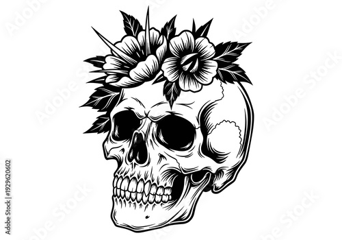 Floral Human Skull with Flower Crown Black and White Vector Illustration, Gothic Botanical Tattoo Design