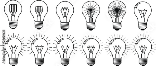 Vector Illustration Set of Diverse Light Bulb Icons Representing Creative Ideas, Innovation, Electrical Solutions, and Bright Inspiration for Professional Designs