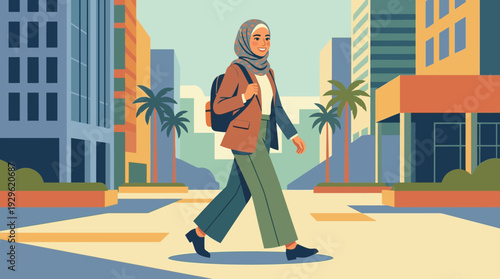Confident professional Muslim woman in a hijab walking with a backpack on a sunny city street, showcasing urban independence and modest fashion