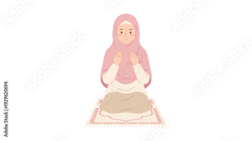 Isolated pastel illustration of a Muslim woman performing prayer on a mat, embodying devotion and spiritual reflection for Ramadan