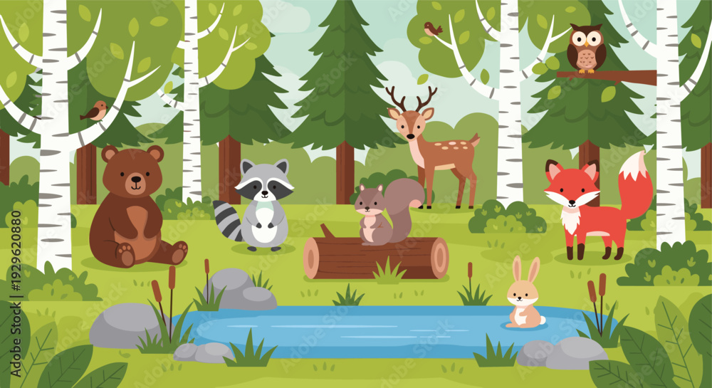 Obraz premium Cute Woodland Forest Scene with Animals Trees and River Vector Illustration