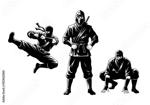 Ninja Warriors Set Black and White Vector Silhouette, Martial Arts Fighters Action Poses