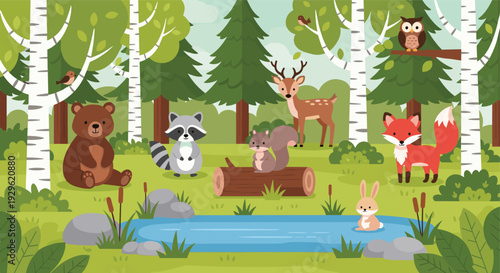 Cute Woodland Forest Scene with Animals Trees and River Vector Illustration