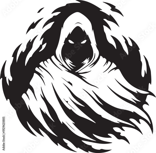 Mysterious Hooded Shadow Figure with Glowing Eyes – Black and White Horror Mascot Vector Illustration