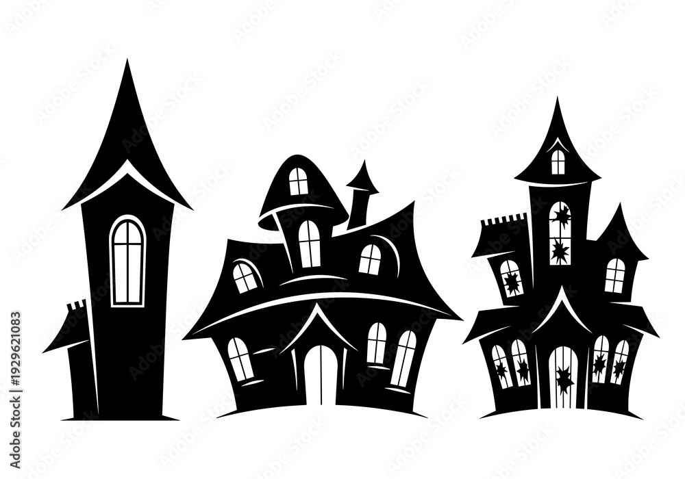 Obraz premium Haunted House Silhouette Set Black and White Halloween Vector Illustration Isolated on White Background