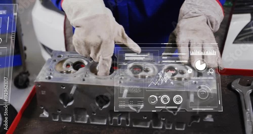 Gloved hand reaching cylinder head, HUD charts overlaying, mechanic probing and analyzing chambers