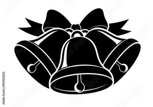 Christmas Bells with Ribbon Black and White Vector Silhouette Holiday Illustration Isolated on White Background