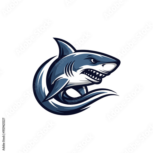 Fierce blue shark mascot with sharp teeth and dynamic wave illustration