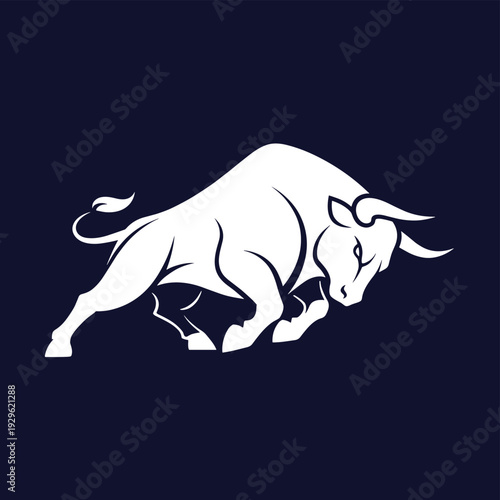 Dynamic white charging bull graphic illustration on a dark blue background