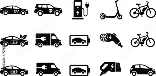 A comprehensive set of black silhouette icons illustrating modern electric and hybrid vehicles along with their charging infrastructure.